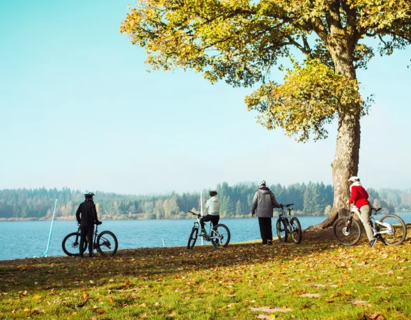 Group of cyclists near Devesset Lake in autumn